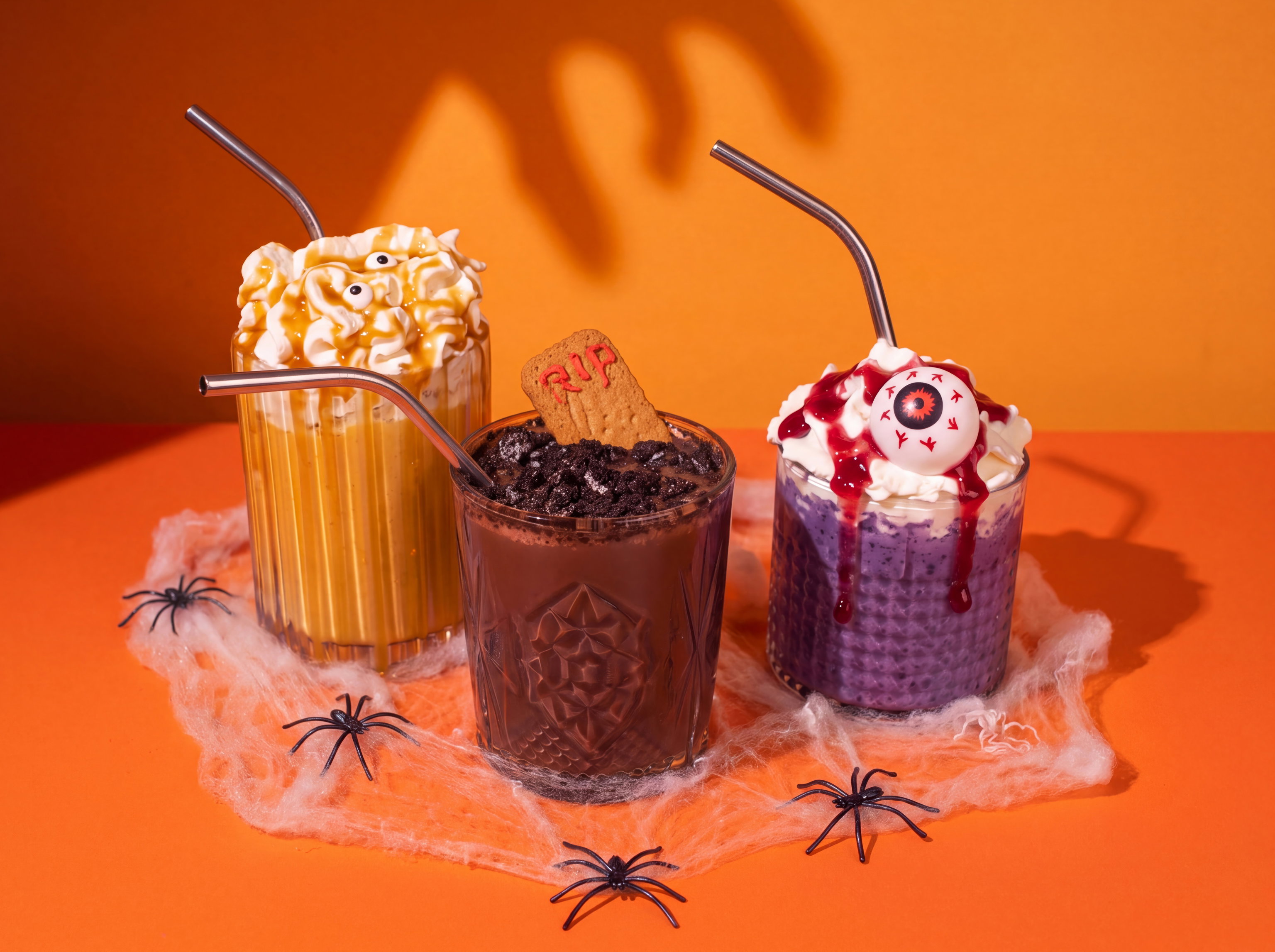 Halloween Milkshakes met spinnenversiering