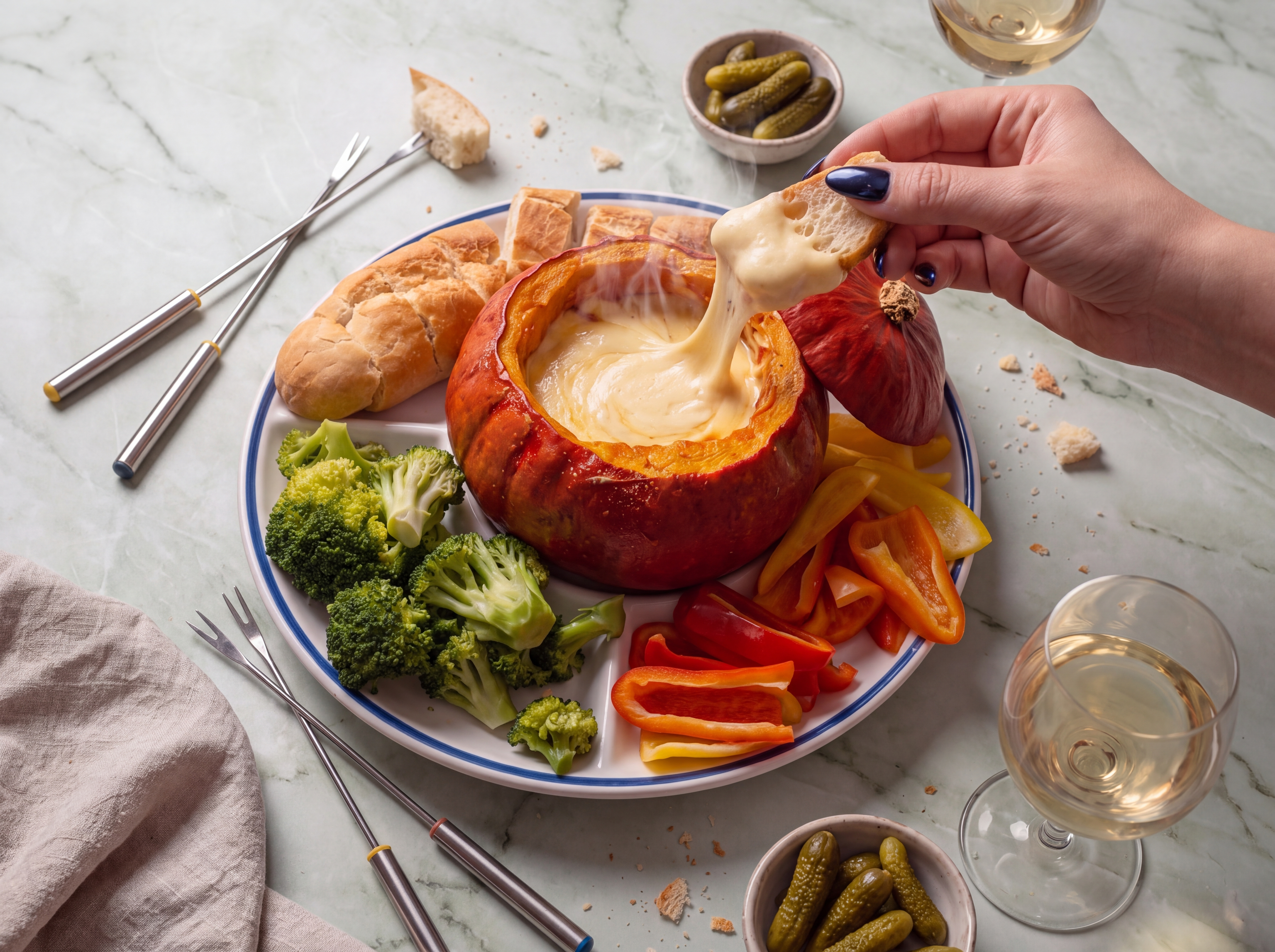 Geroosterde hokkaidopompoen gevuld met romige kaasfondue van Gruyère en Emmentaler, geserveerd met stokbrood, broccoli en gebakken champignons.
